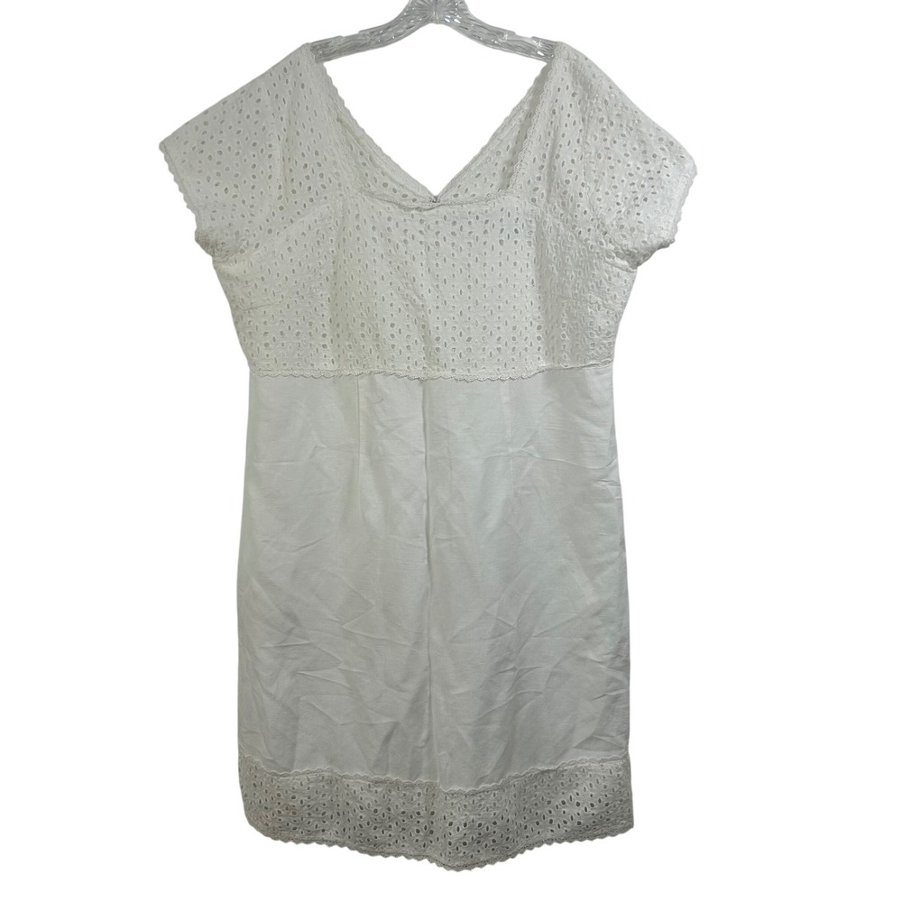 Jessica London White Linen Blend Eyelet Lace V-Neck Shift Dress Size 14